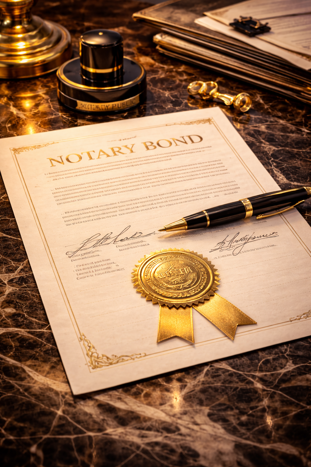 Las Vegas notary desk with documents, seal, and city skyline